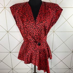 Steppin Out 80s Asymmetrical Hem Red Shimmery Leopard Peplum Blouse